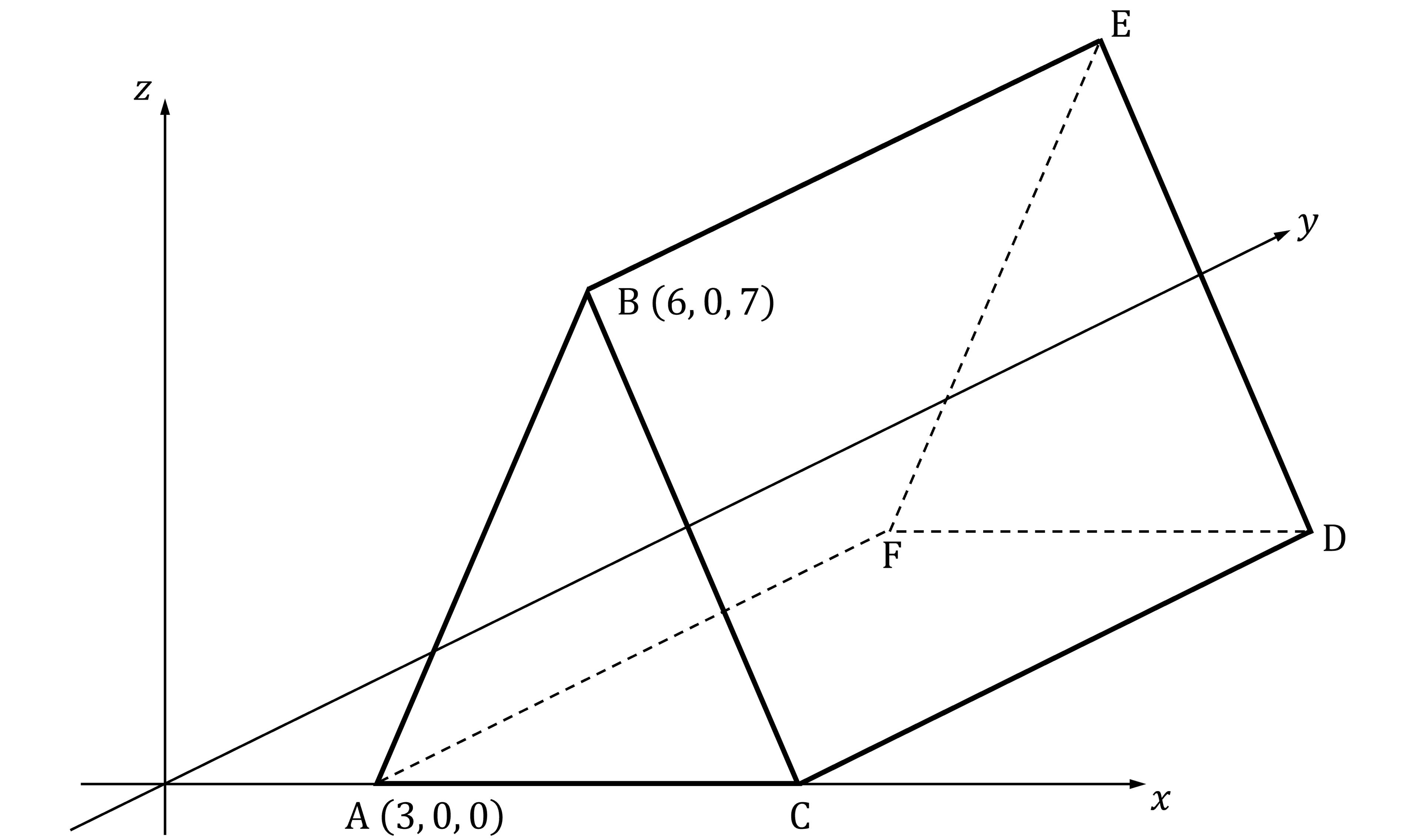 3D prism ABCDEF with vertices A(3,0,0), B(6,0,7), on x, y, z axes. Includes projections and lines. Axes labelled x, y, z.