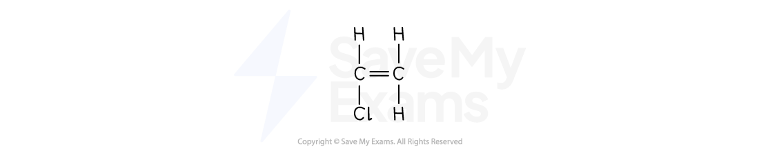 Full structural formula of chloroethene: two carbon atoms double-bonded, with hydrogen atoms and one chlorine atom bonded to the carbons.