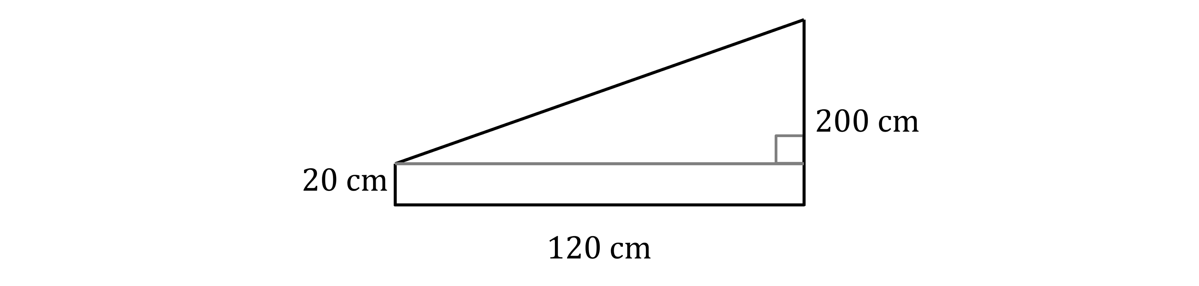 Diagram of a right-angled triangle on top of a 120 cm by 20 cm rectangle. Total height of triangle is 200 cm.