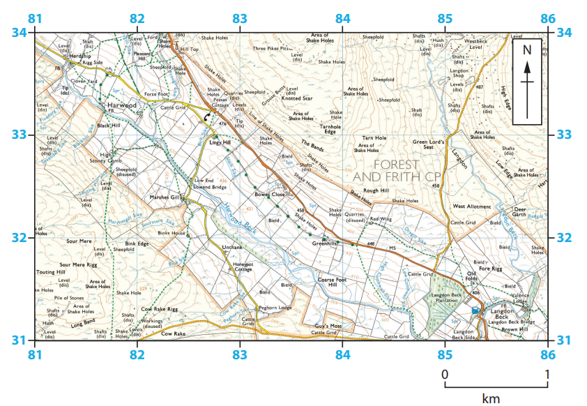 Topographic map showing Harwood, Lingy Hill, and Forest and Frith CP area with contour lines, pathways, and roads. Includes a scale and a north arrow.