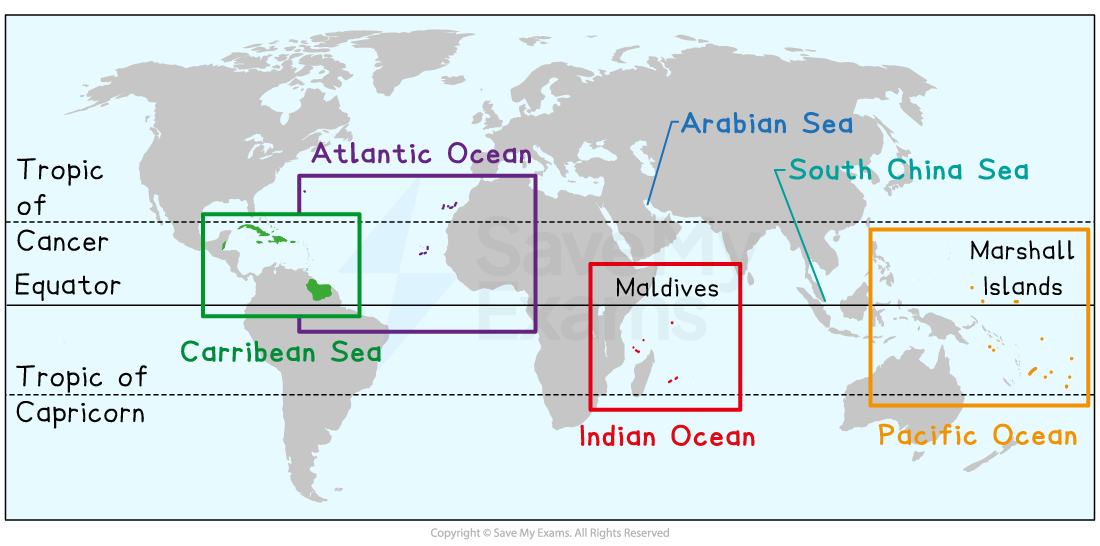 World map highlighting Caribbean Sea, Atlantic, Indian, and Pacific Oceans with boxes. Maldives and Marshall Islands labelled. Tropic lines shown.