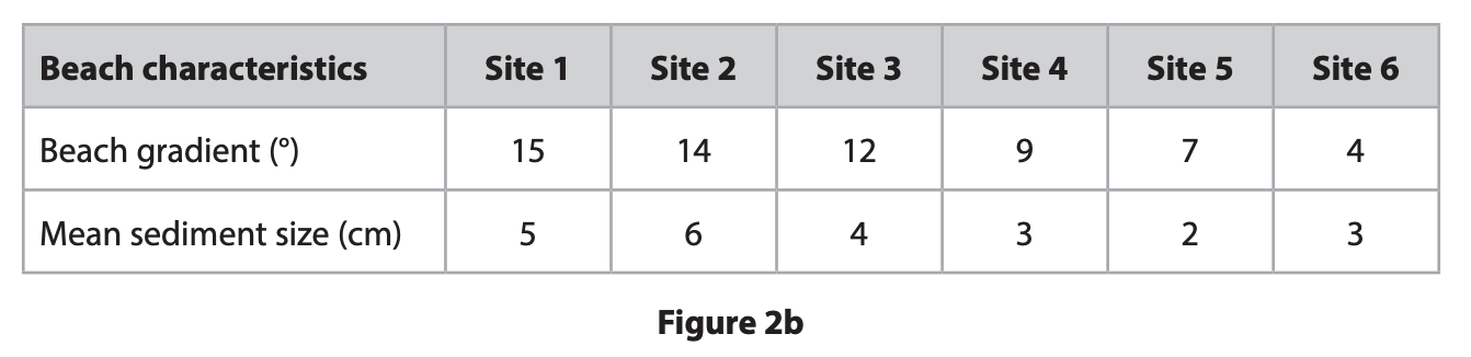 Table showing beach characteristics across six sites: gradient ranges from 15° to 4°, and mean sediment size ranges from 5 cm to 2 cm.