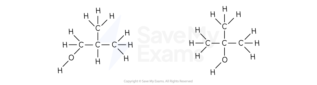 Two structural diagrams of the position isomers of the branched structure for butanol.