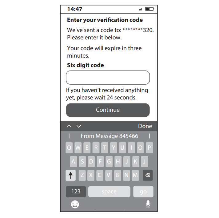 Mobile screen showing a verification code input form, with a prompt to enter the six-digit code. A numeric keypad is visible for entry.