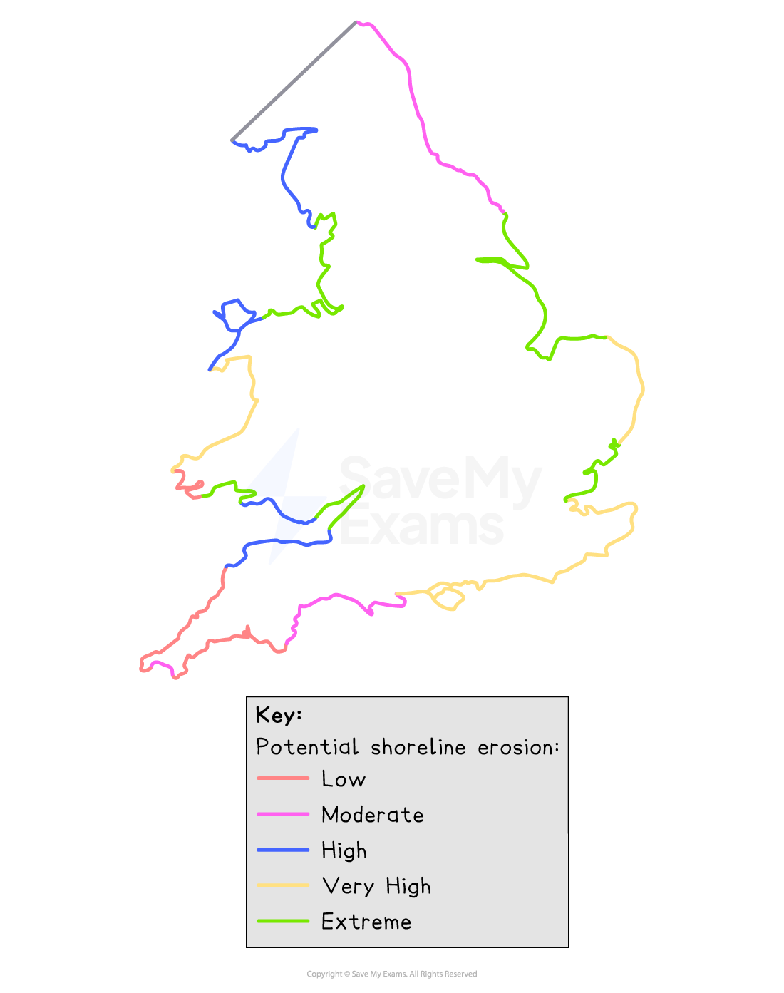 Map of England's coastline with colour-coded lines indicating potential shoreline erosion levels: low, moderate, high, very high, and extreme.