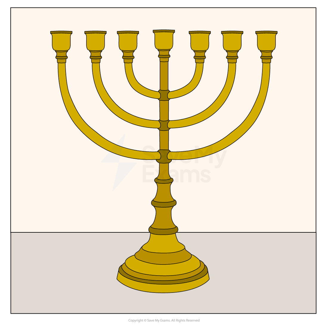 A gold seven-branched candelabrum, or menorah, with ornate design, is set against a simple beige and grey background.