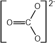 Diagram of a carbonate ion with a central carbon atom double-bonded to an oxygen atom and single-bonded to two others, carrying a 2- charge.