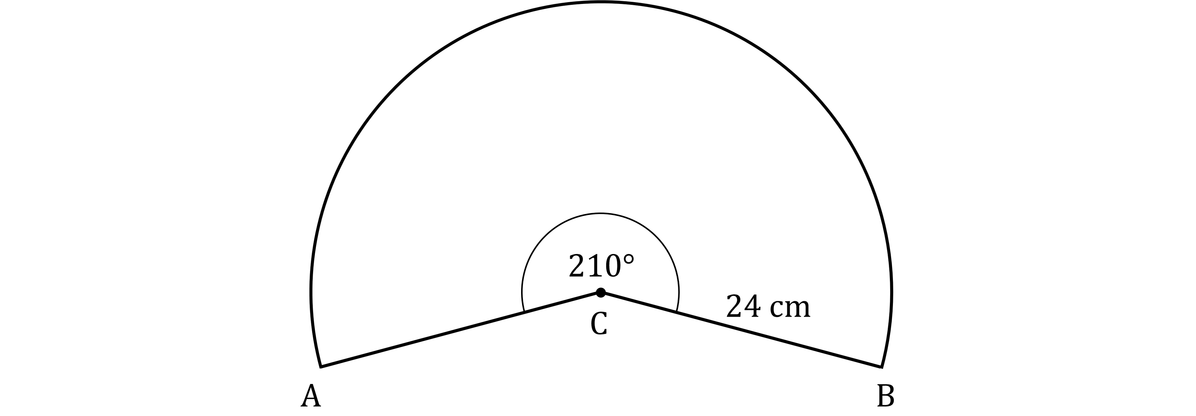 A circle sector with centre C, angle 210 degrees, and radius measuring 24 cm. Points A and B mark the ends of the sector's arc.