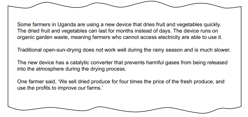 Text describing a device used by Ugandan farmers to dry produce efficiently, using garden waste, preventing harmful emissions, and increasing produce value.