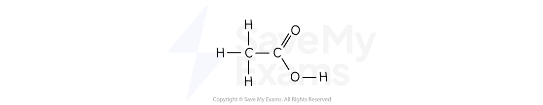 Chemical structure of ethanoic acid showing two carbon atoms, three hydrogen atoms, and two oxygen atoms in a molecular diagram format.