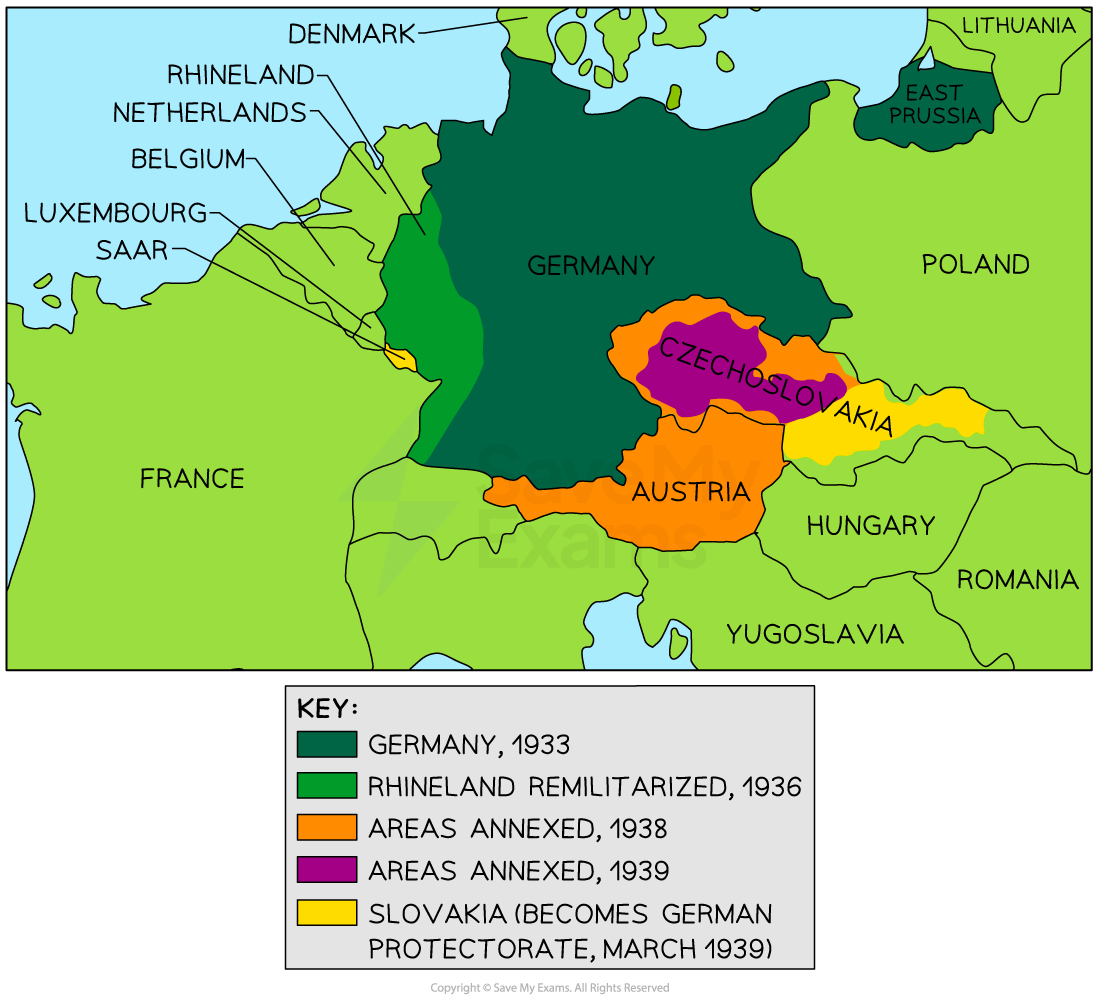 Map of Germany and surrounding countries showing territorial changes from 1933 to 1939, highlighting annexations and remilitarisation areas.