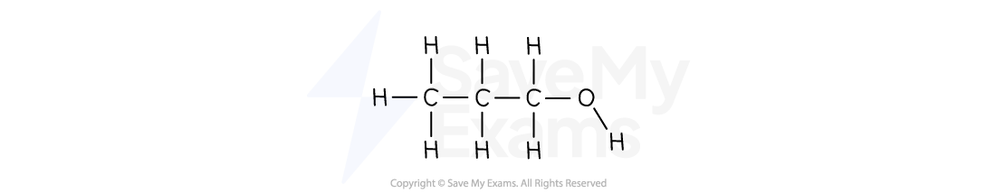Structural formula of propan-1-ol, showing three carbon atoms, seven hydrogen atoms, and one hydroxyl group (OH) connected in a linear arrangement.