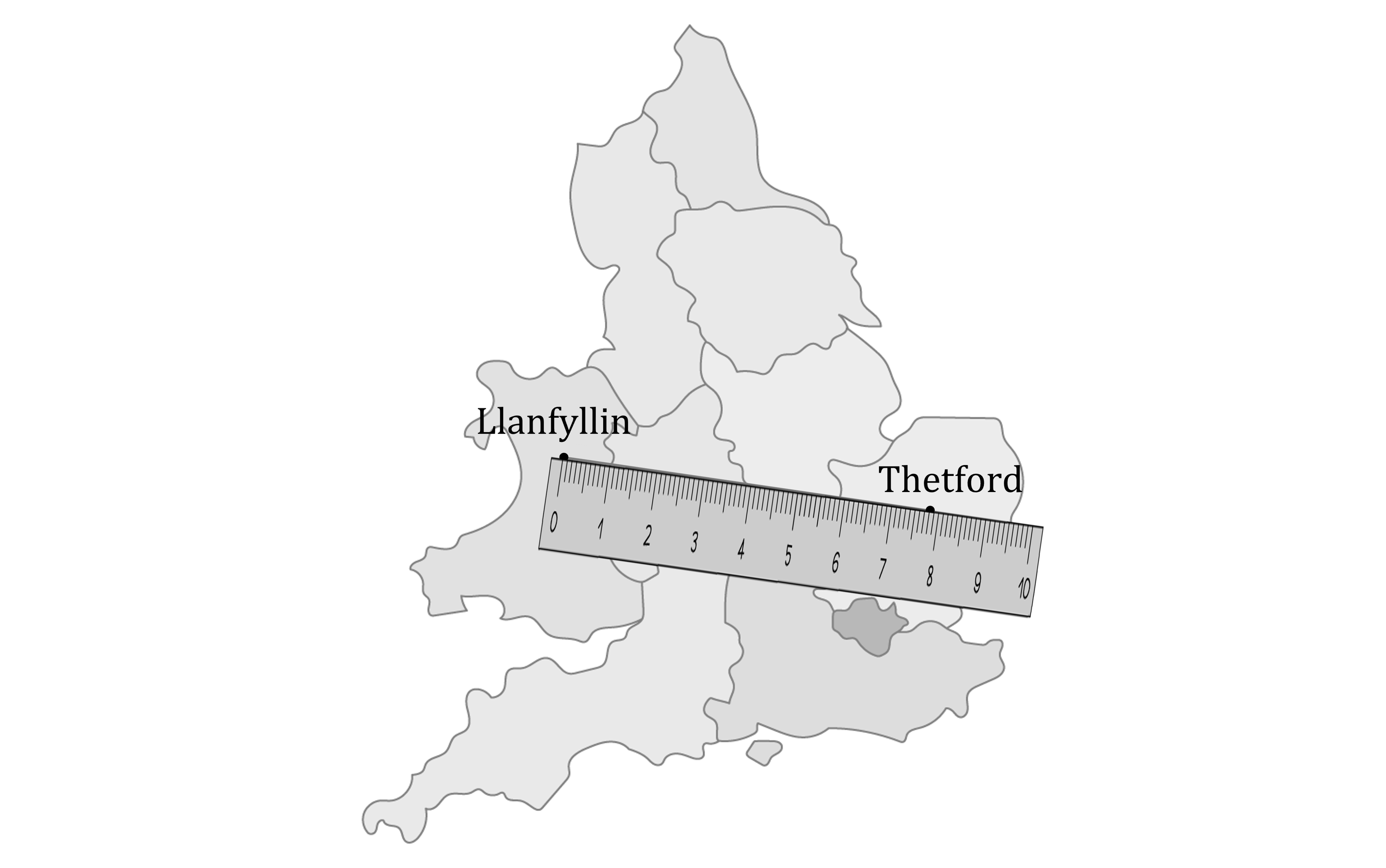 Map of England showing a line connecting Llanfyllin in the west to Thetford in the east, highlighting their geographical locations.