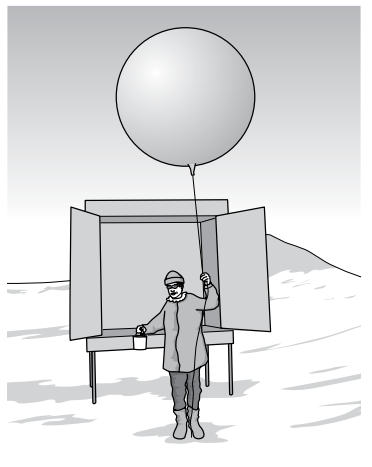Person launching weather balloon from snow-covered area, with large equipment box open behind them, wearing cold-weather gear and glasses.
