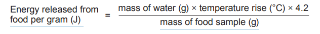 Equation for calculating energy released per gram of food: water mass times temperature rise times 4.2, divided by food sample mass.