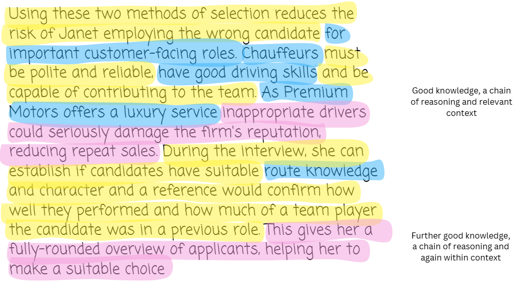 Text excerpt on chauffeur hiring criteria with highlights in blue, yellow, and pink, including sidebar comments on reasoning and context quality.