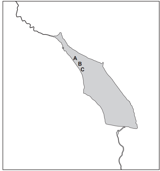 Map showing a grey region with a coastline. Letters A, B, and C are marked along the inner side, from top to bottom, within the region.