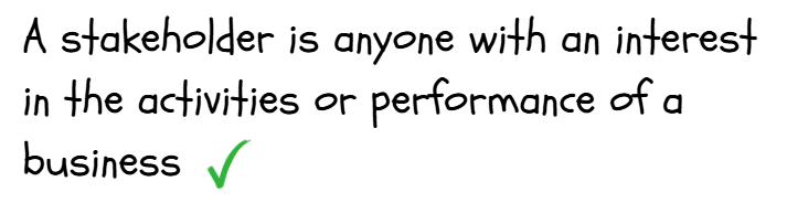 Text defines a stakeholder as anyone interested in a business's activities or performance, ending with a green tick mark.