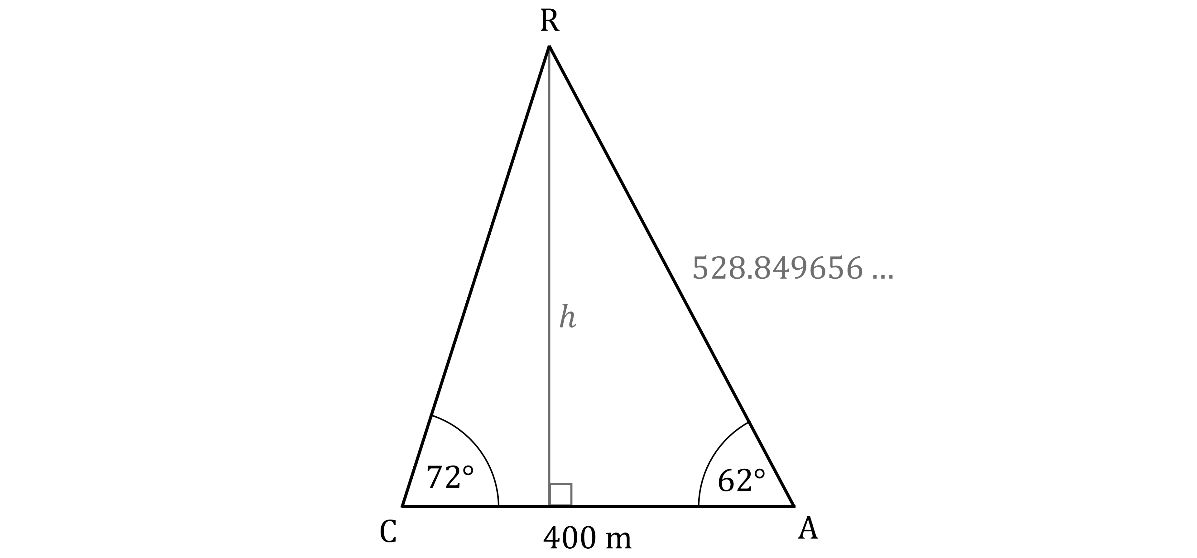 Diagram of triangle CRA, with horizontal base CA.  Angle at C is 72°and angle at A is 62°. Side AC is 400m and side AR is labelled 528.849656... . Perpendicular height h from R has been drawn from R to base AC.