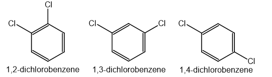 Chemical structures of 1,2-dichlorobenzene, 1,3-dichlorobenzene, and 1,4-dichlorobenzene, each with a benzene ring and two chlorine atoms.