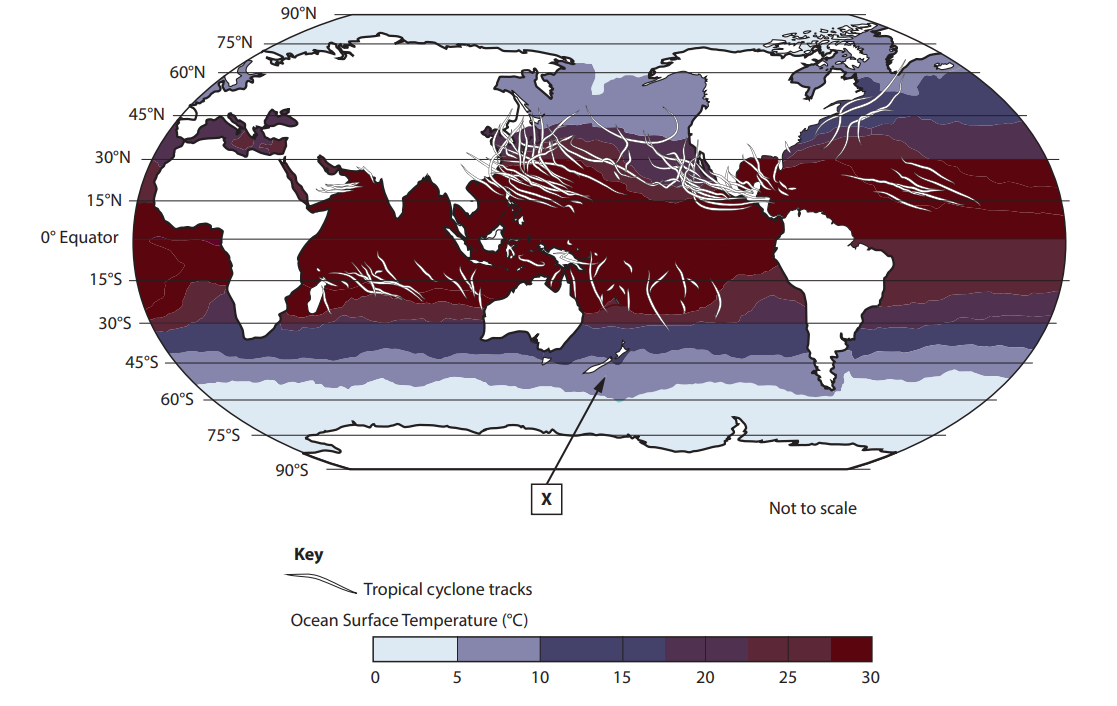 World map showing tropical cyclone tracks with ocean surface temperature gradients. Coloured bands range from 0°C to 30°C. Key shows temperature scale.