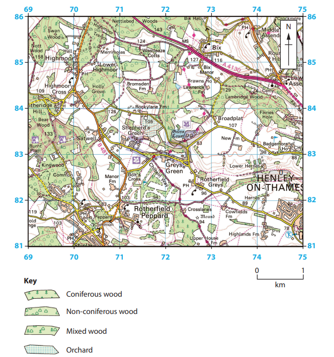 Ordnance Survey map showing Henley-on-Thames, Greys Green, and Rotherfield Peppard. Includes roads, woodlands, and a key for terrain types. Scale bar present.