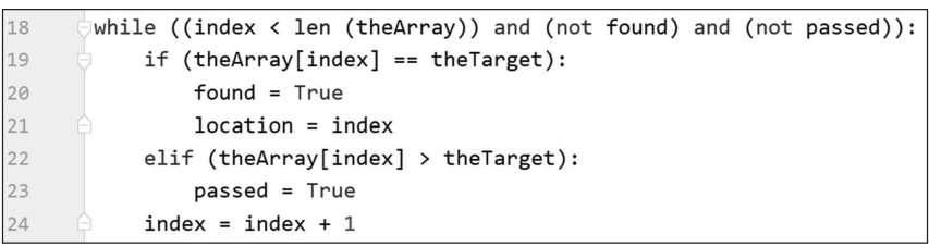 Code snippet of a while loop in Python checking conditions with index, found, and passed flags for searching a target in an array.
