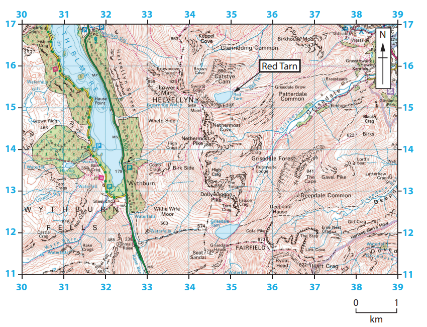 Topographic map showing the area around Helvellyn in the Lake District, with contours, paths, and notable features like Red Tarn and Ullswater.