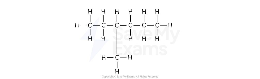 Chemical structure of 3-methylhexane, a branched alkane, with carbon (C) and hydrogen (H) atoms arranged in a specific formation.