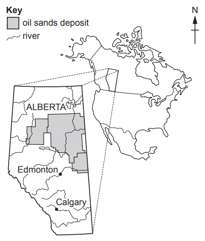 Map highlighting oil sands deposits in Alberta, Canada with key. Calgary and Edmonton are marked. North America outlined with major river paths shown.