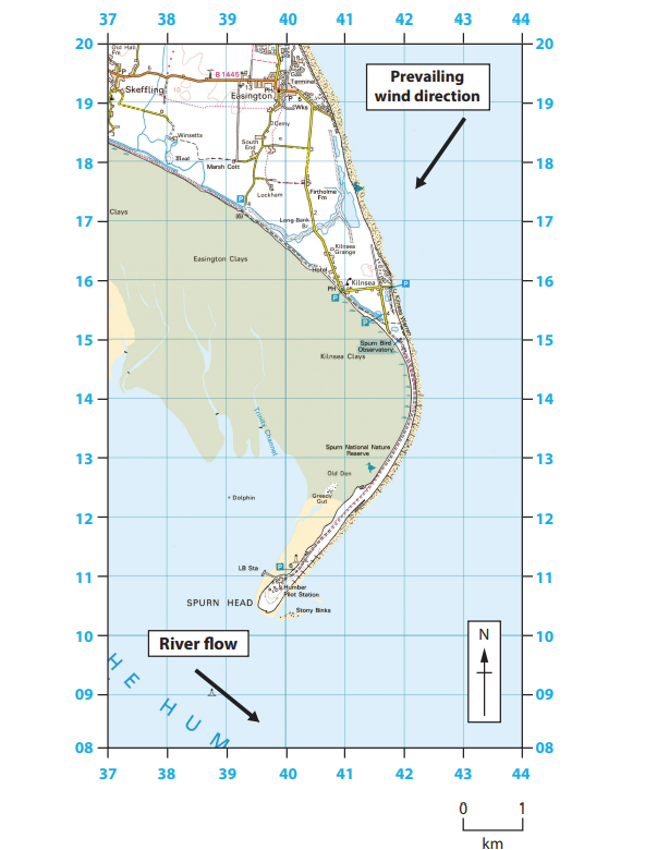 Map showing Spurn Head in Yorkshire with prevailing wind north-east and river flow south-west. Features include Kilnsea, a nature reserve, and a compass.