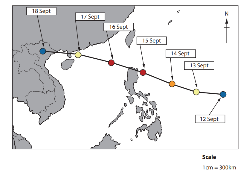 Map showing a storm's path from 12 to 18 September, marked by coloured dots across Southeast Asia. North arrow and scale included.