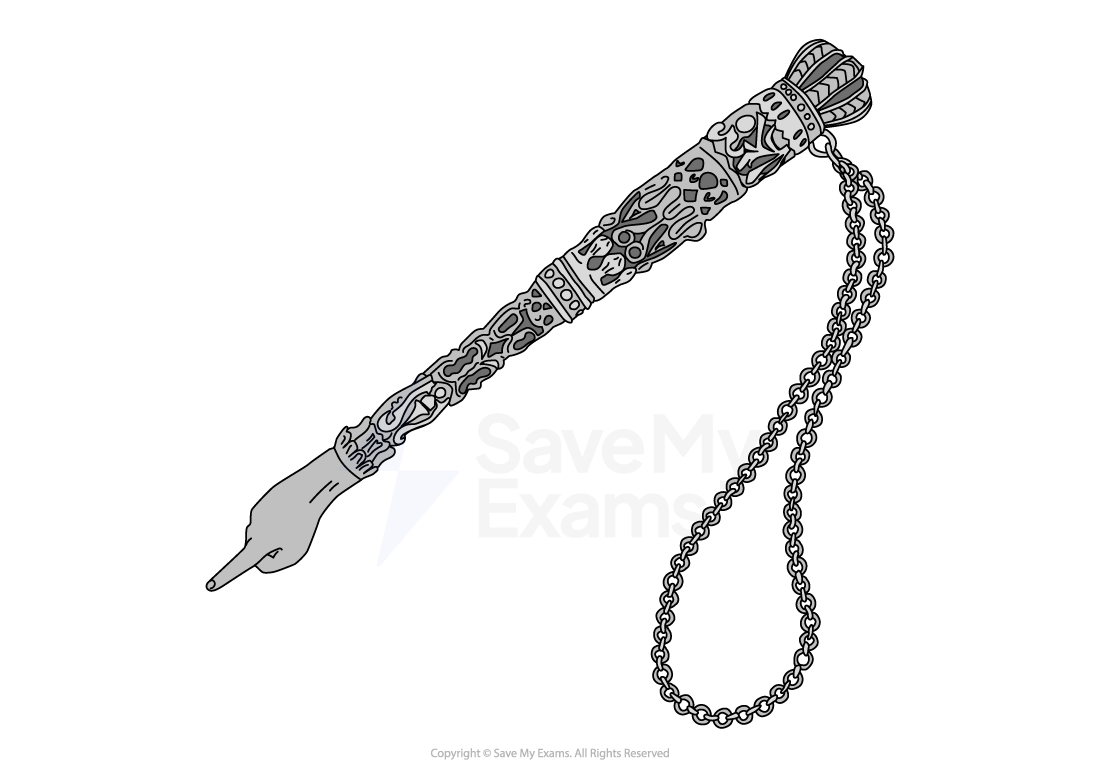Decorative pen with intricate patterns and a long chain attached, featuring ornate details on the handle, against a plain white background.