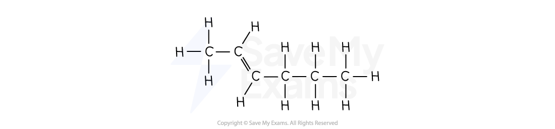 Skeletal chemical structure showing the molecular arrangement of hydrogen and carbon atoms in a hydrocarbon chain, with single and double bonds.