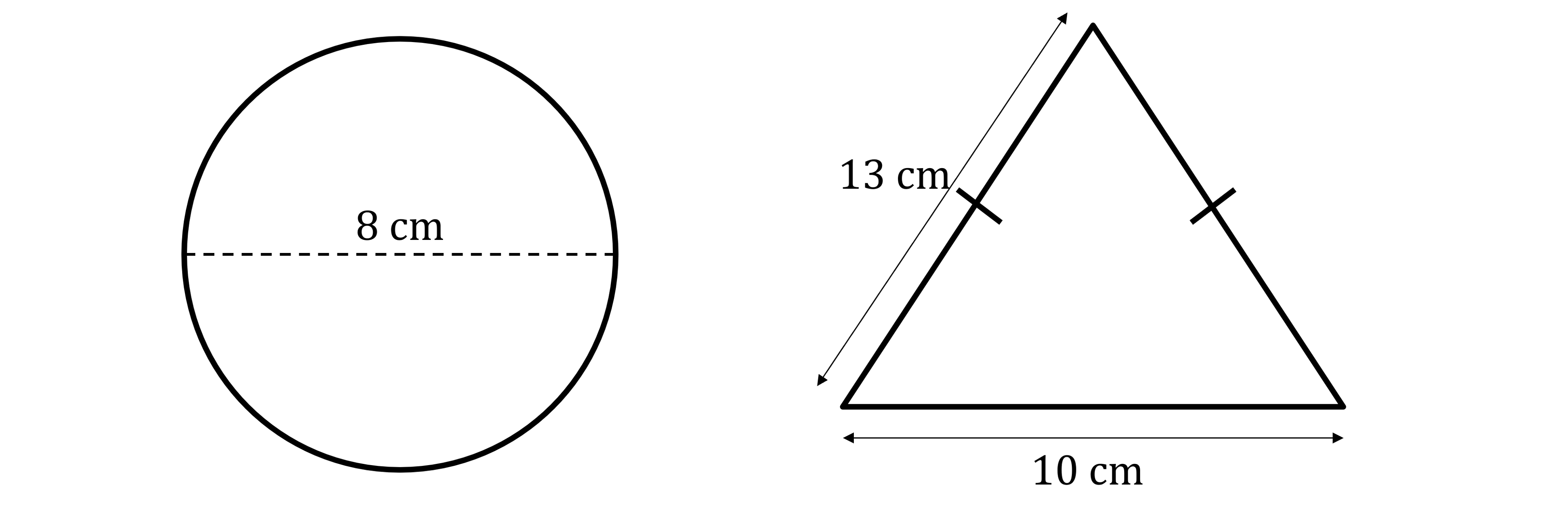 A circle with a 8 cm diameter and an isosceles triangle with 10 cm base and 13 cm equal sides, both labelled with dimensions.
