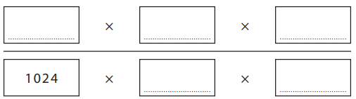 Maths equation template featuring three empty boxes on top, with multiplication signs between them, and '1024' in the first box on the bottom row.