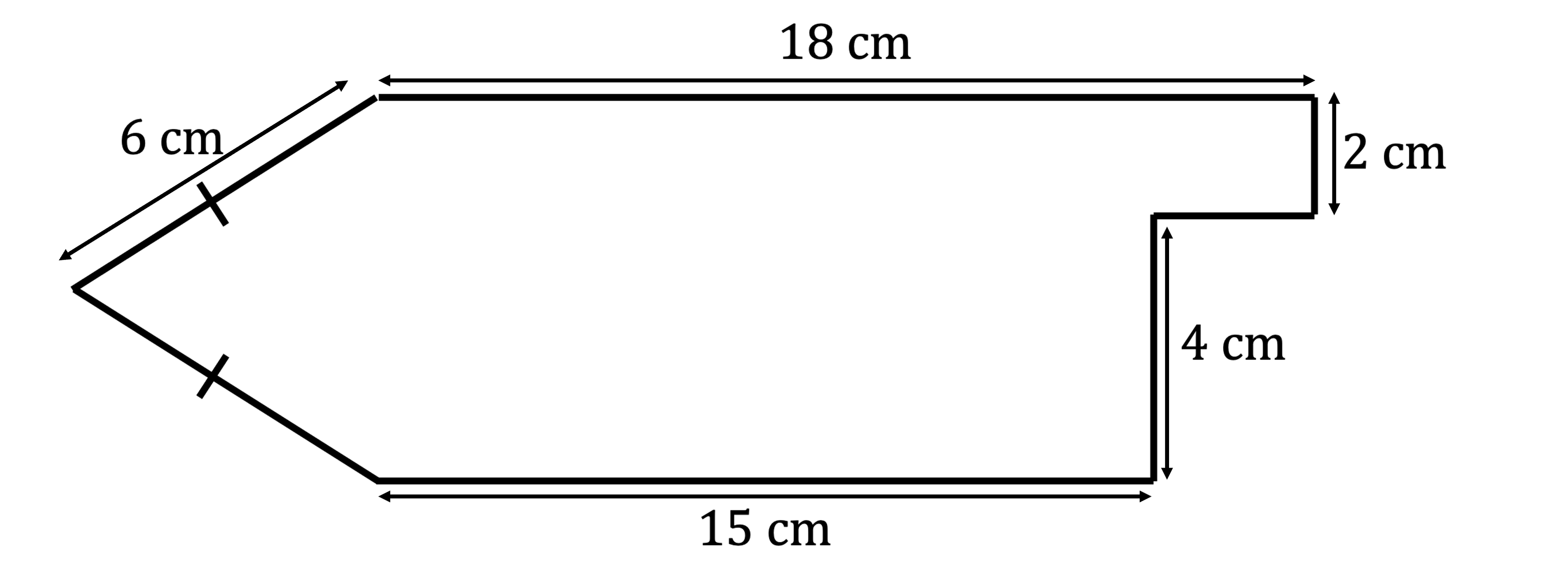 Geometric shape with measurements: 18 cm length, 6 cm angled section, 2 cm width, 15 cm base, and 4 cm height on the right side.