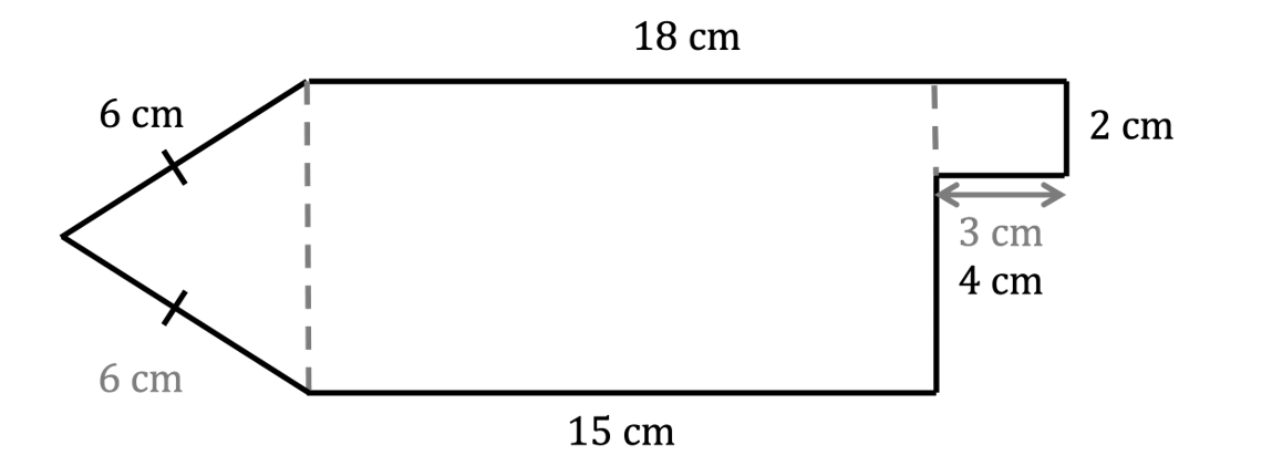 Geometric shape with a rectangle measuring 18 cm by 6 cm, a triangle on the left, and a right-angle extension on the right, with various dimensions marked.