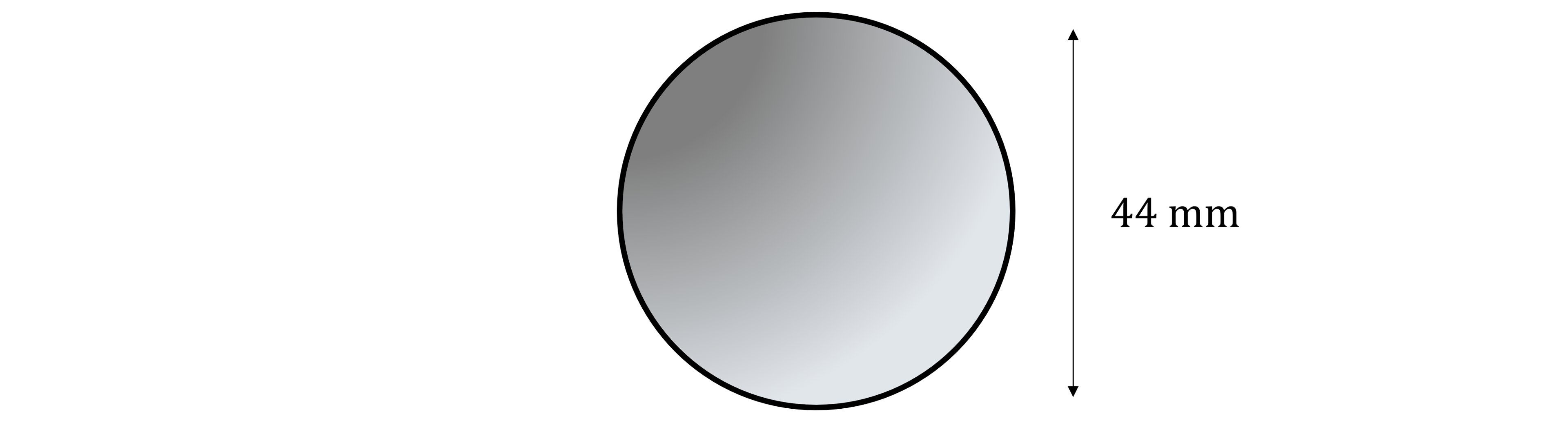 A simple grey circle with a black outline, measuring 44 mm in diameter.