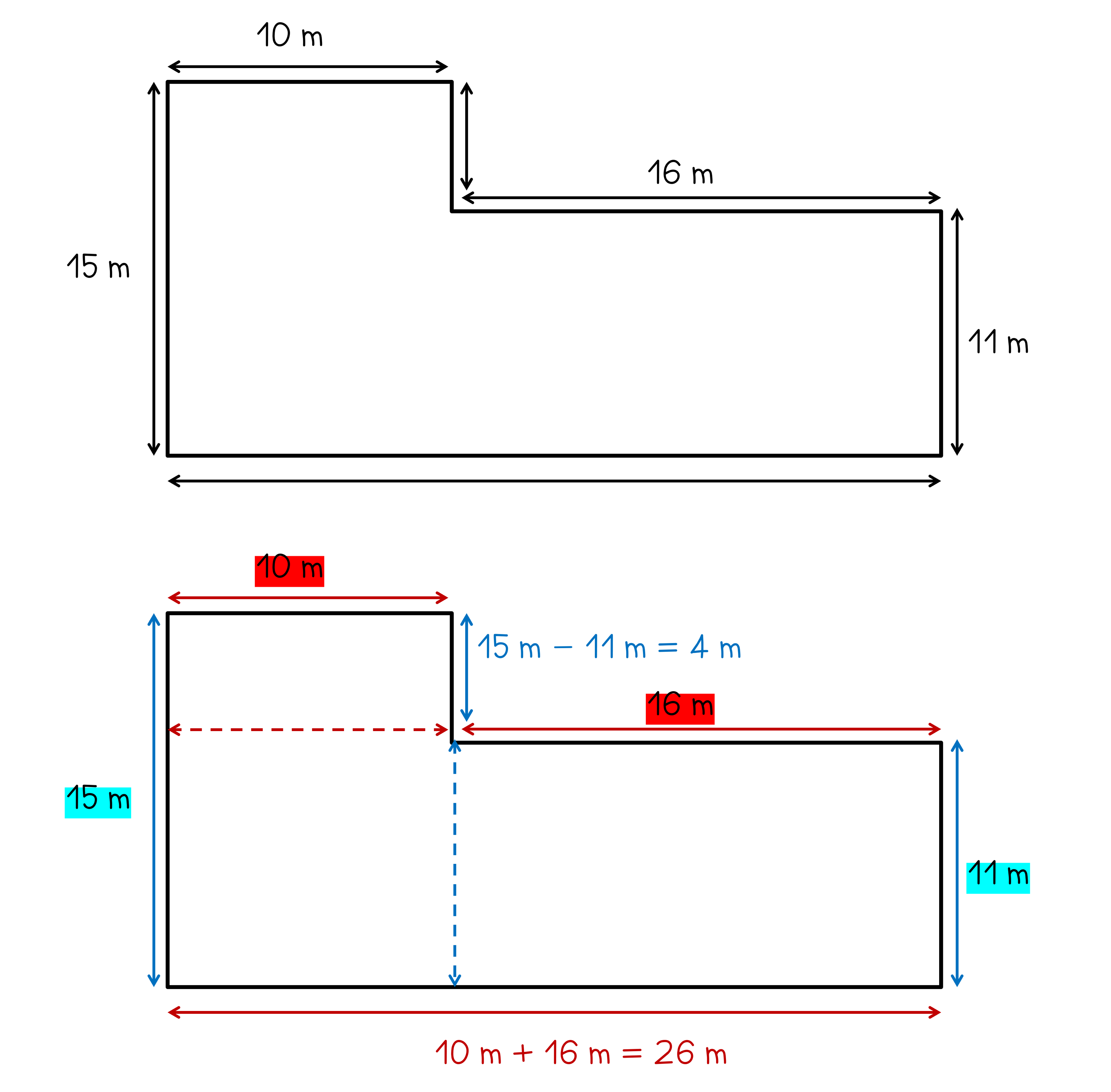 Illustration of an L-shaped area with dimensions: 10m and 15m on top, 16m and 11m on the bottom, dividing it into rectangles with calculations shown.