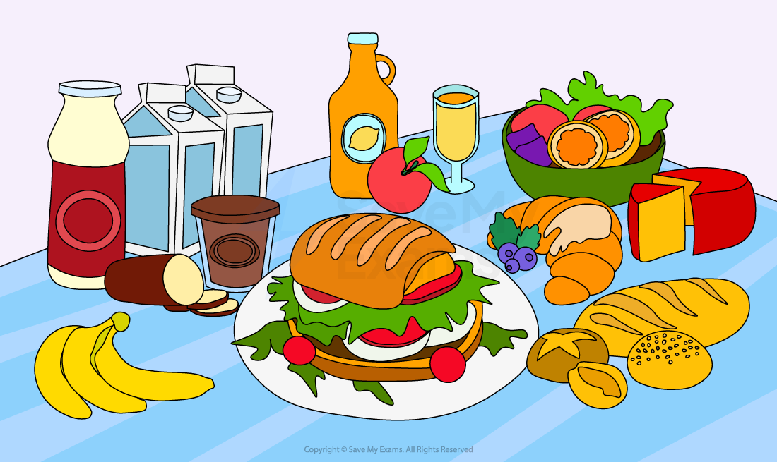 A breakfast scene with bread, cheese, fruit, vegetables, and drinks on a table. Features a sandwich, salad bowl, and orange juice glass.