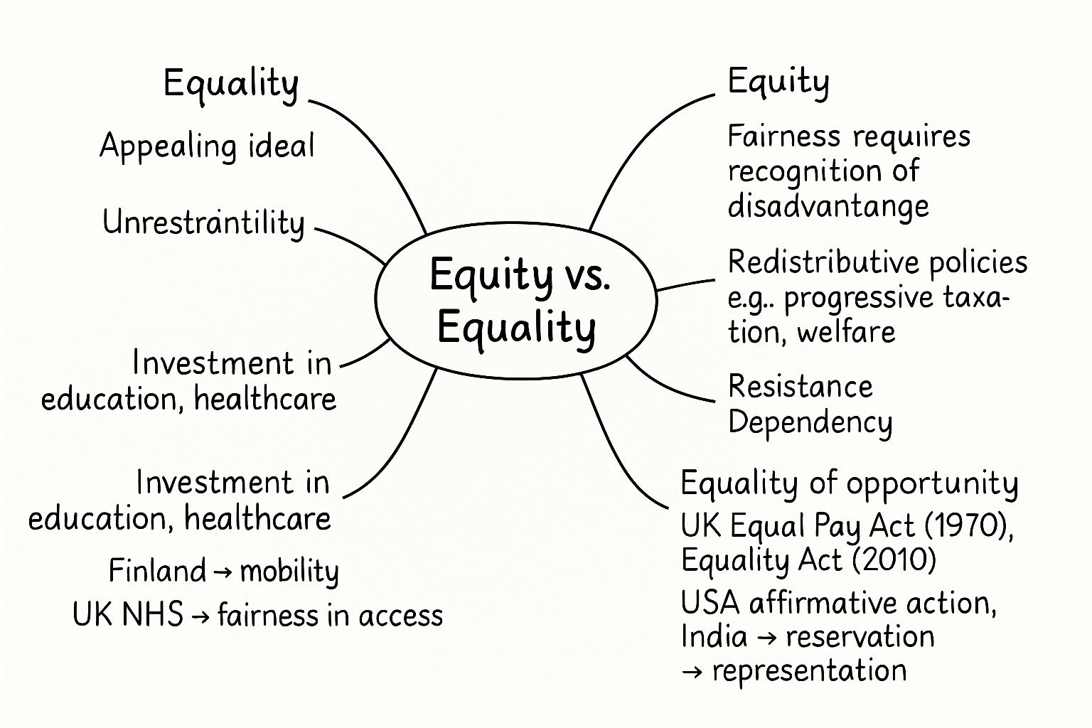 A mindmap for the essay about equality versus equity.