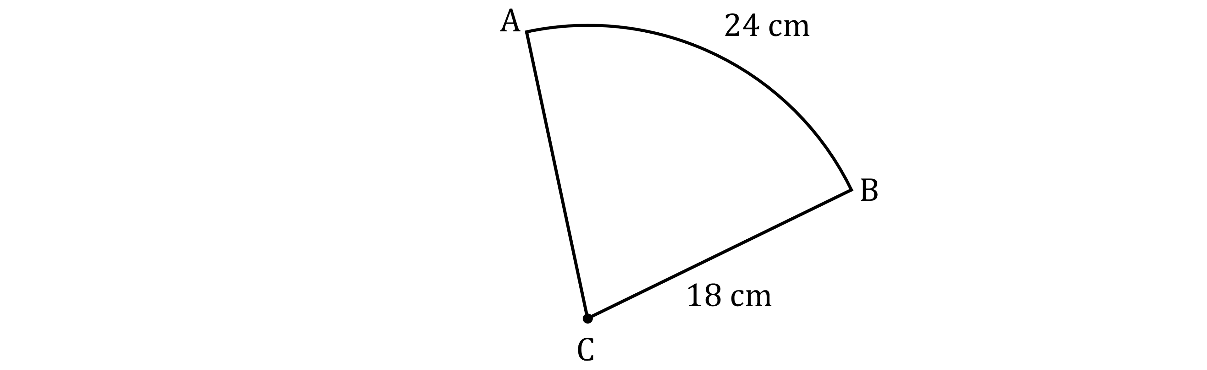 Diagram of sector ABC with curved side AB labelled 24 cm, and straight side BC labelled 18 cm.