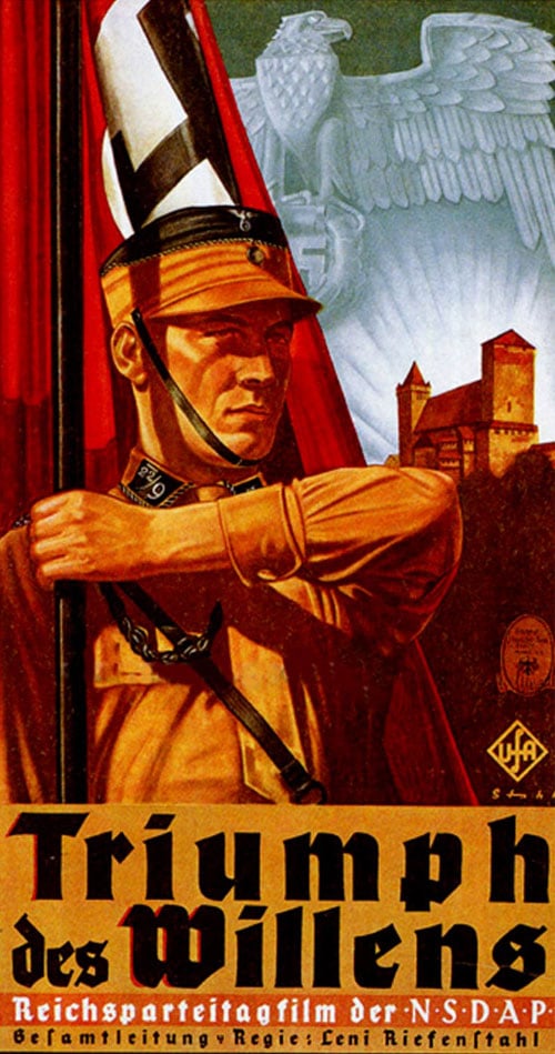 Poster for "Triumph of the Will" shows a soldier holding a flag, with an eagle emblem and castle in the background. German text at the bottom.