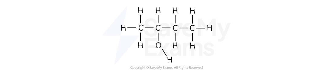Structural formula of butan-2-ol showing four carbon atoms bonded to each other, with hydrogens and a hydroxyl group attached to carbon 2.