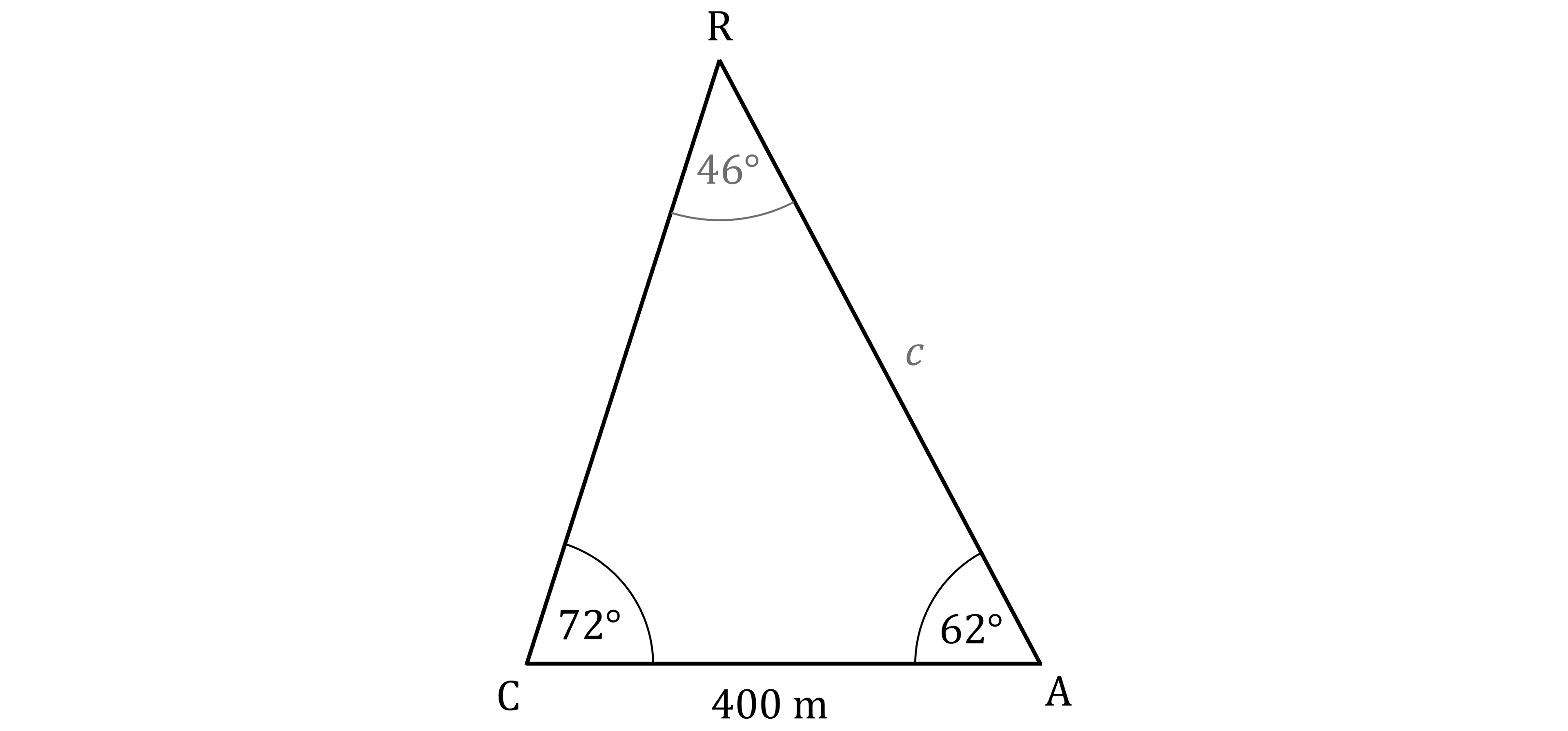 Triangle with vertices labelled R, C and A. Angle at R is 46°, angle at C is 72°, angle at A is 62°. Side CA measures 400 m, and side RC is labelled c.