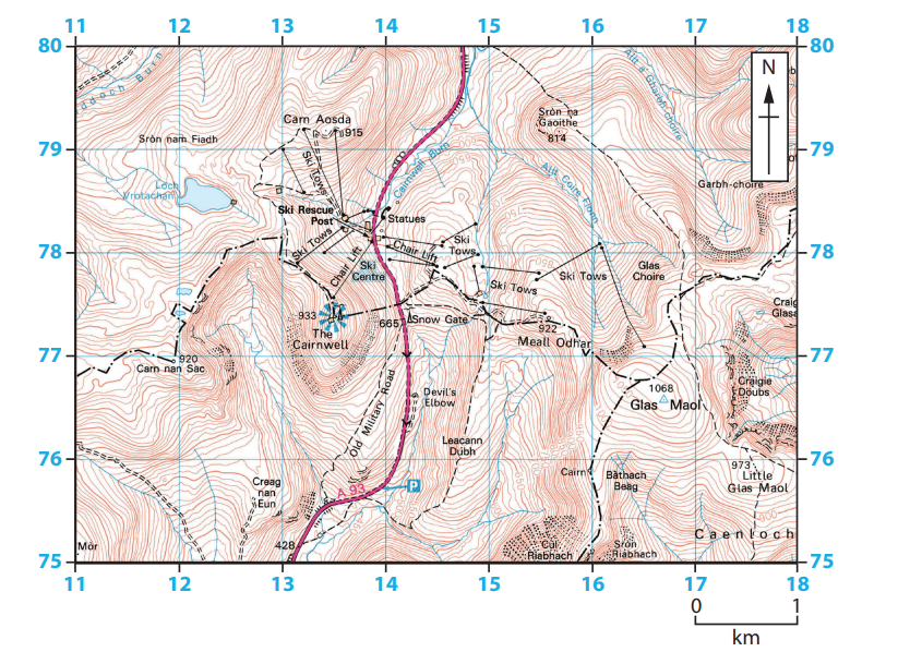 Topographic map showing Cairnwell, ski tows, Glas Maol, and Devil's Elbow. Contour lines, trails, roads, and a car park are also indicated.