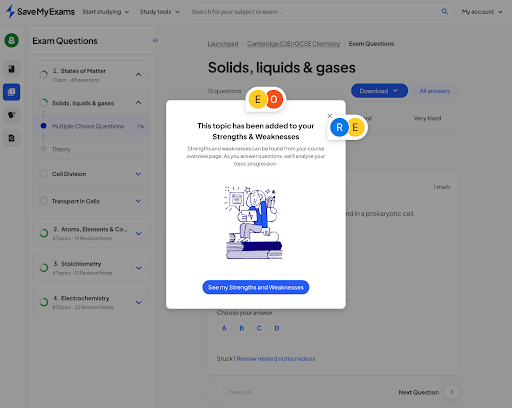 Pop-up on SaveMyExams webpage shows topic added to "Strengths & Weaknesses," with icons indicating exam questions. Button to view strengths highlighted.