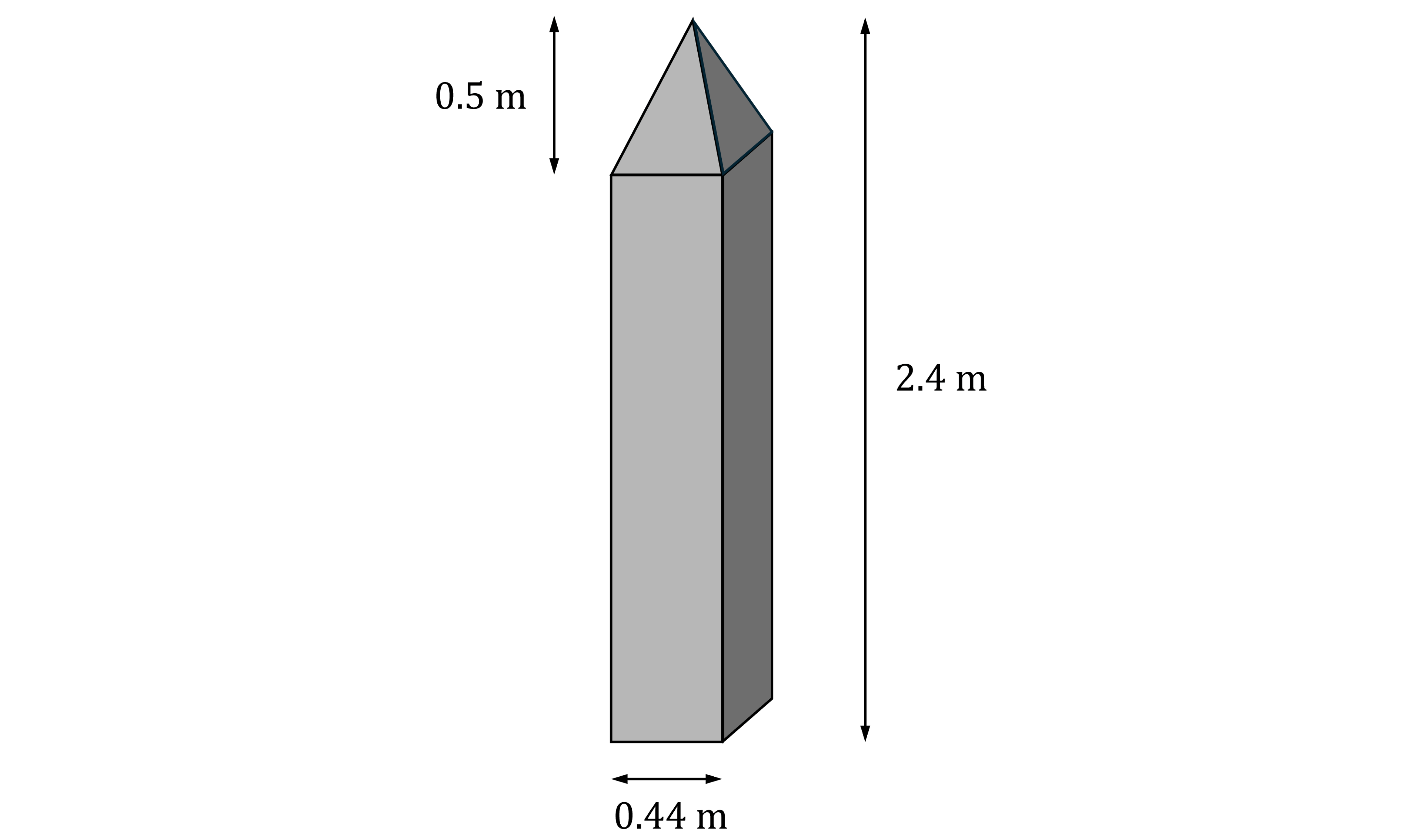 Grey cuboid with a pyramid on top, total height 2.4 metres, base width 0.44 metres, pyramid height 0.5 metres.
