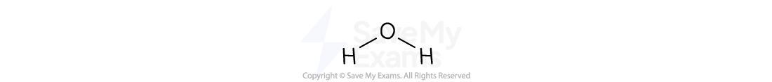 Molecular diagram of water, showing an oxygen atom with single bonds to two hydrogen atoms in a bent shape, representing H2O.